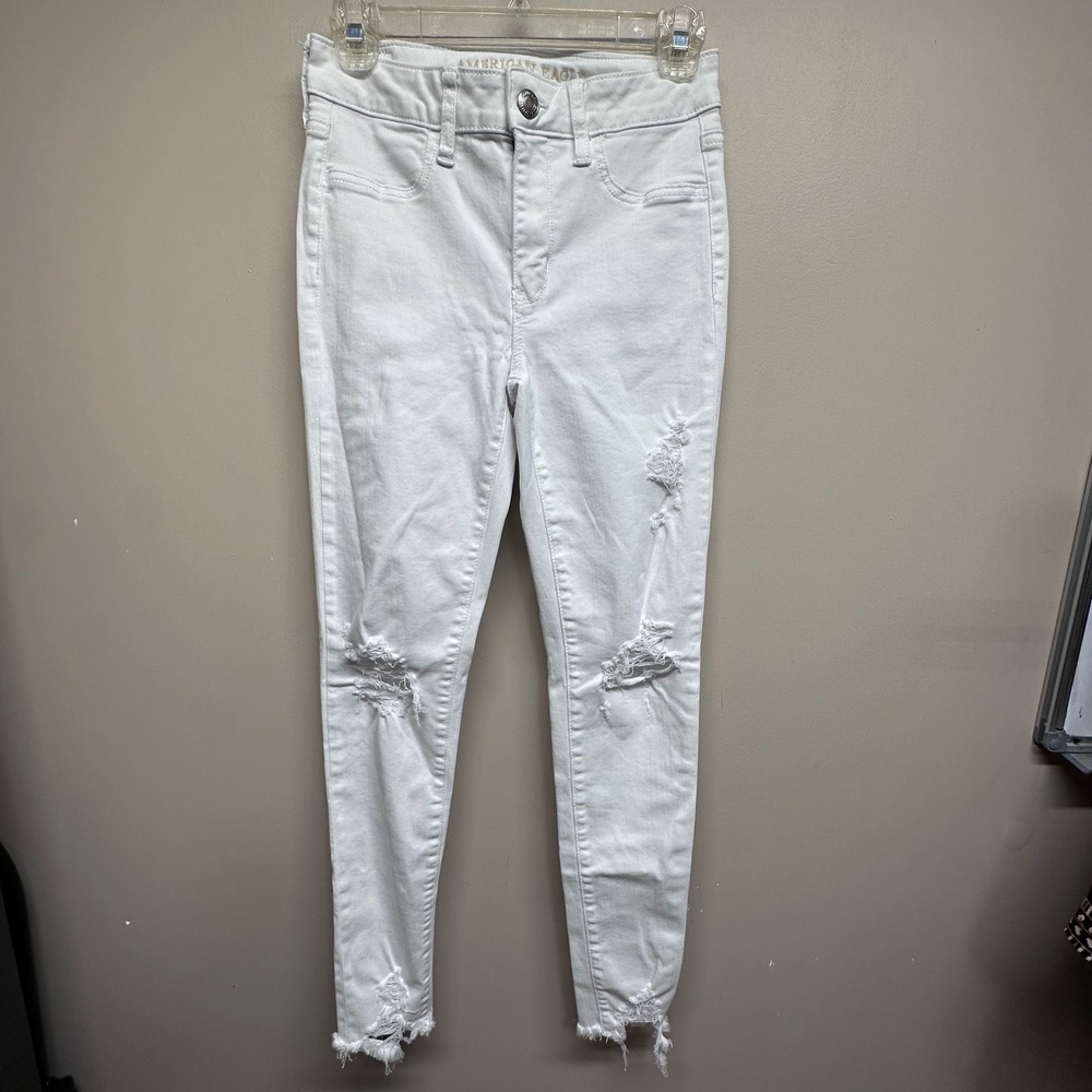 American Eagle Hi Rise Jegging White Distressed Ripped Frayed Hem Womens Size 4